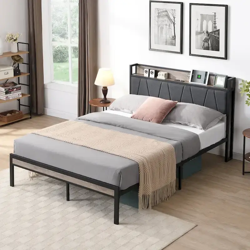 Full Size Metal Platform Bed Frame with Wooden Headboard and Footboard