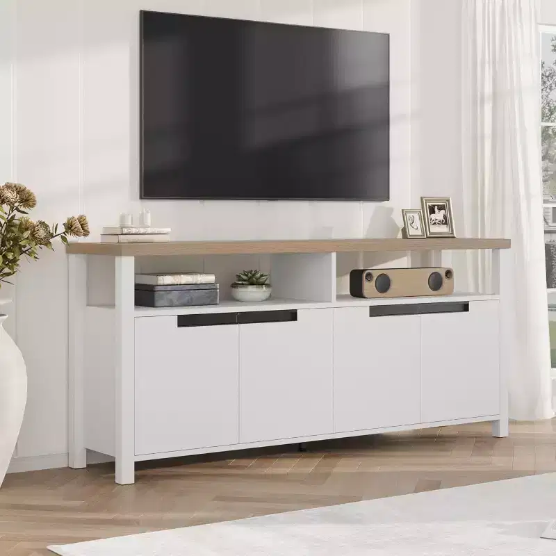 63 Farmhouse TV Console - Rustic Entertainment Center with 4 Doors & Open Shelving for Living Room