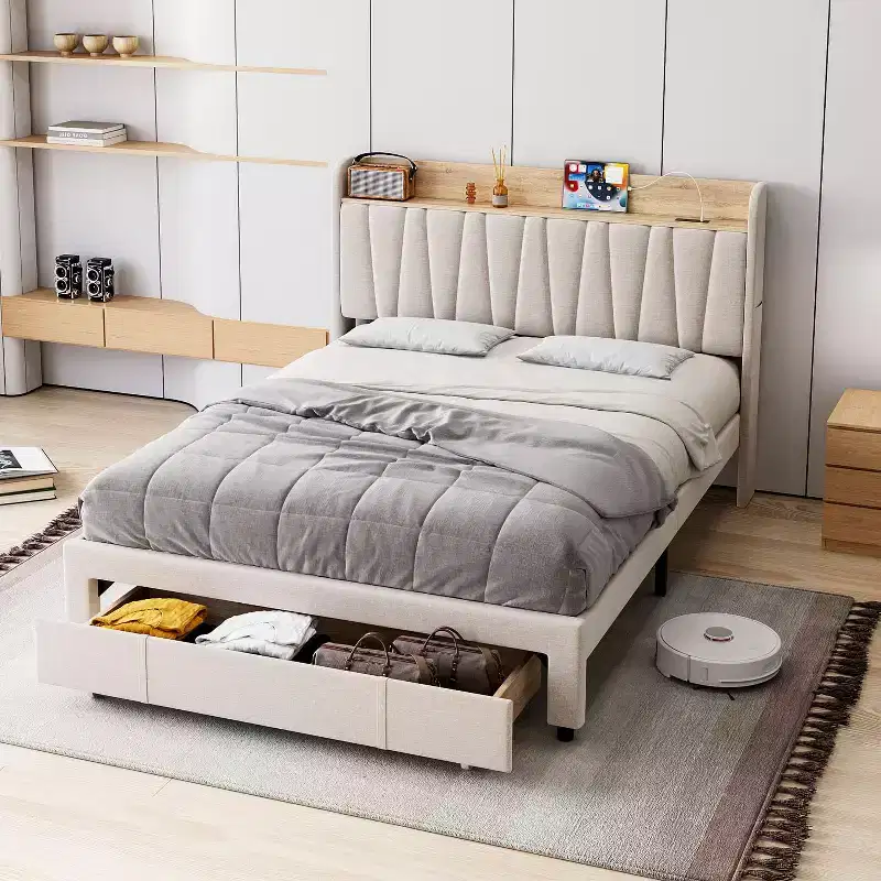 Upholstered Platform Bed Frame with 2 Storage Drawers and Storage Headboard