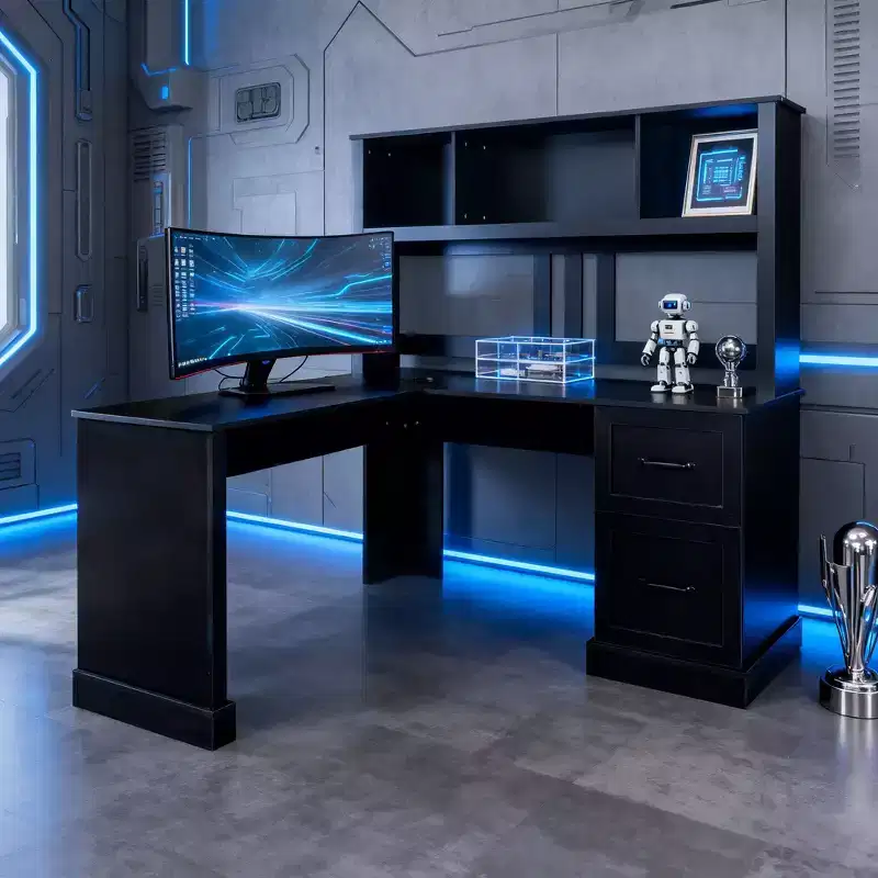 Homy Casa L-Shaped Computer Desk with Hutch and Drawers, Modern Home Office Corner Workstation, Black