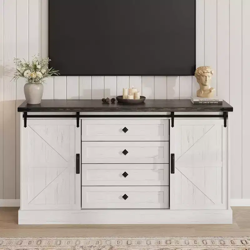 4 Drawer Dresser for Bedroom, 59 Farmhouse Wood Dressers with Sliding Barn Doors & Large Drawers