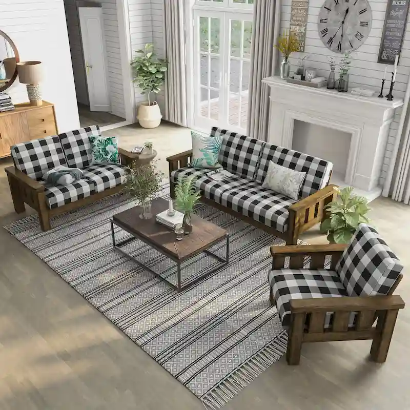 Jimo Rustic Oak and Linen Fabric 3-Piece Sofa Set by Furniture of America