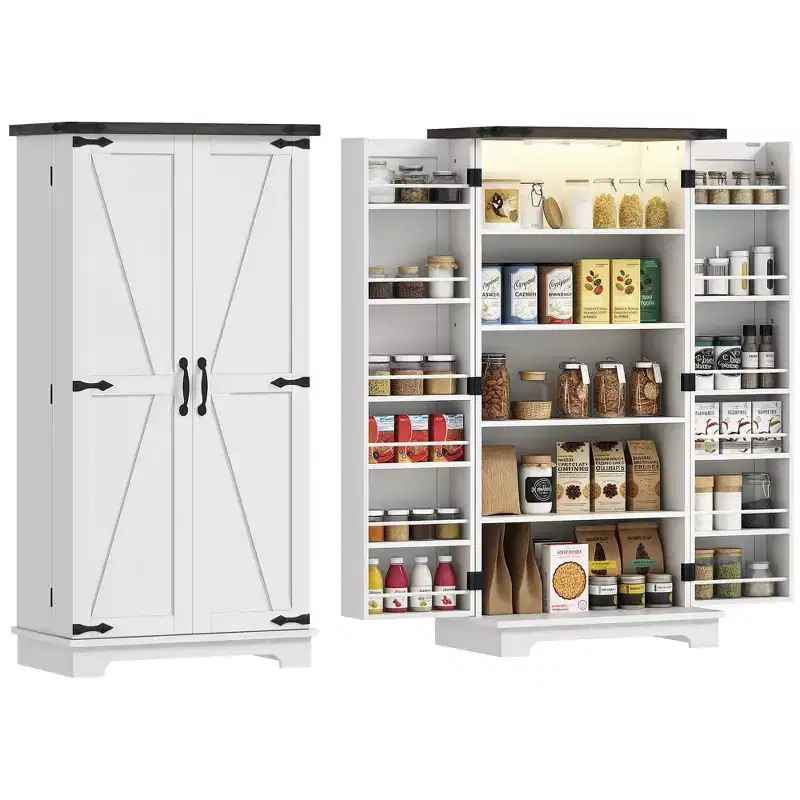 47 Kitchen Pantry Cabinet with Sensing LED Light, Farmhouse Storage Cabinet with Doors, 2 Adjustable Shelves and 12 Door Shelves, White