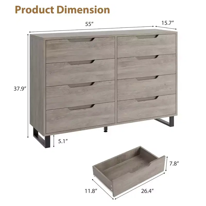 Garvee 8 Dresser for Bedroom, 55 Wide Dresser, Freestanding Horizontal Drawer with Storage, Wooden Closet Chest Storage for Bedroom