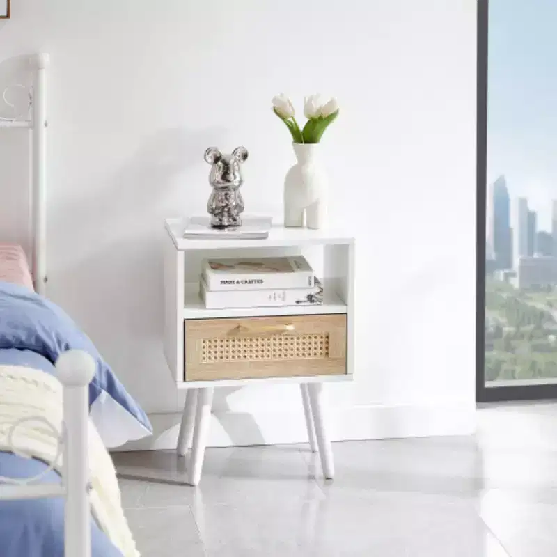 15.75 Rattan End table with drawer and solid wood legs, Modern nightstand, side table for living room, bedroom, white