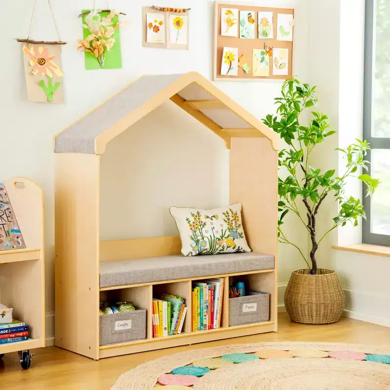 Kids' Reading Nook with Storage, Children's Bookshelf Bench with 4 Cubbies & 2 Fabric Bins, Ages 3-9