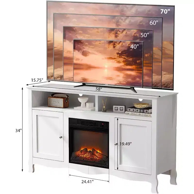 Fireplace TV Stand for up to 70 inch TVs, French Modern Entertainment Center with Electric Fireplace Heater & Curved Legs
