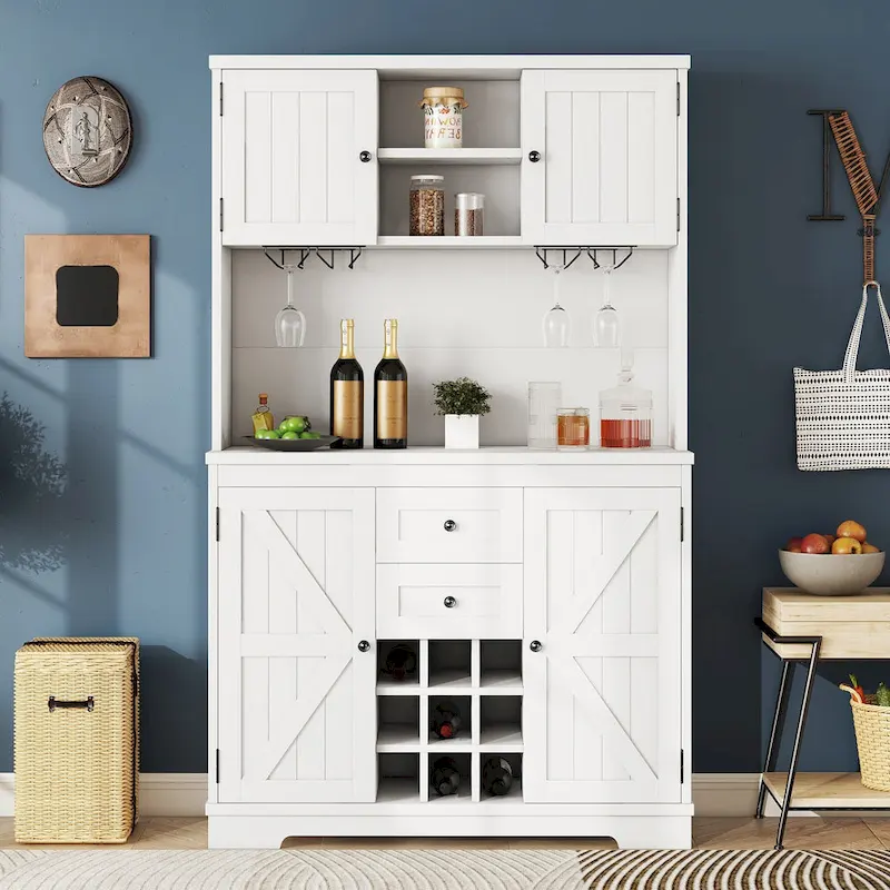 Dark Blue / Brown Oak / Off White Bar Cabinet with Drawers, Shelves & Cabinets