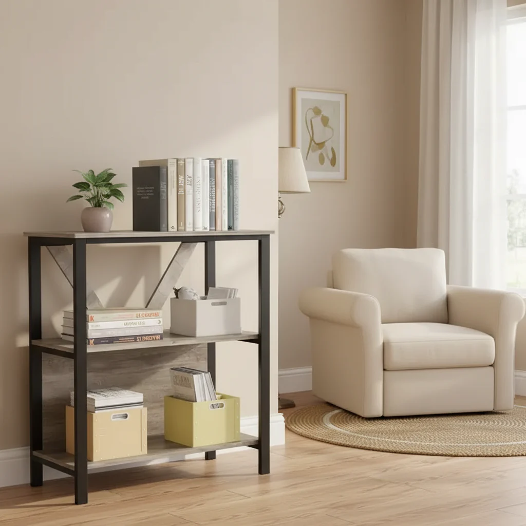 3-Tier Gray Open Bookcase with Black Metal Frame