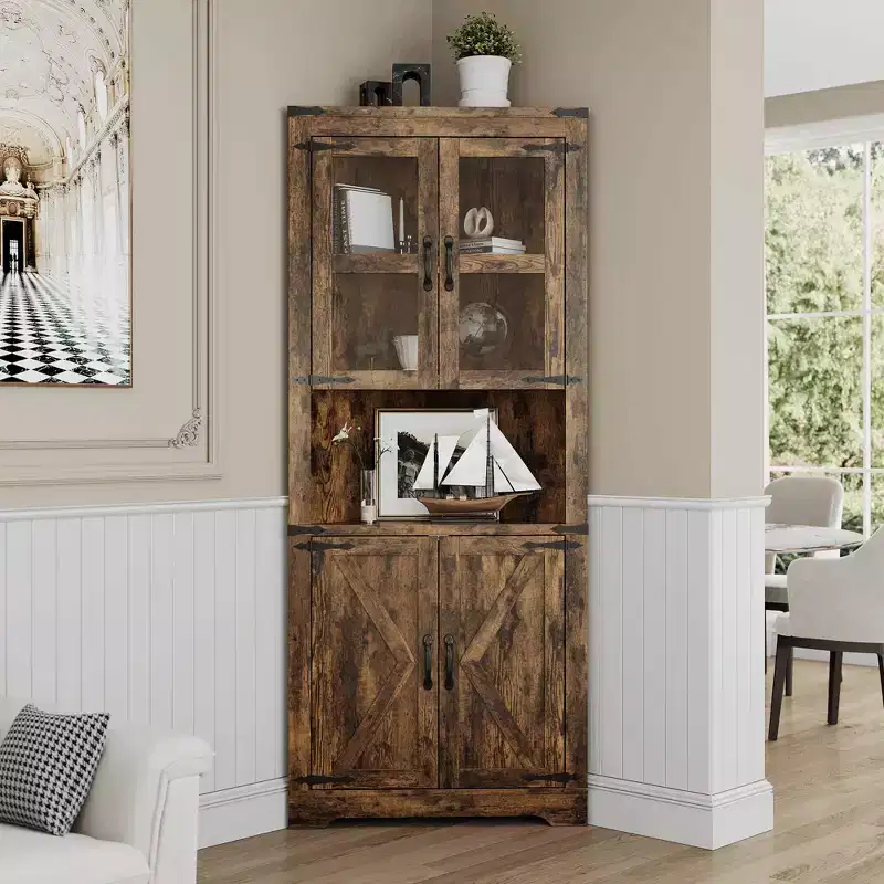67 Tall Corner Storage Cabinet, Farmhouse Corner Hutch Display Cabinet with Glass Doors, Wooden Storage Organizer