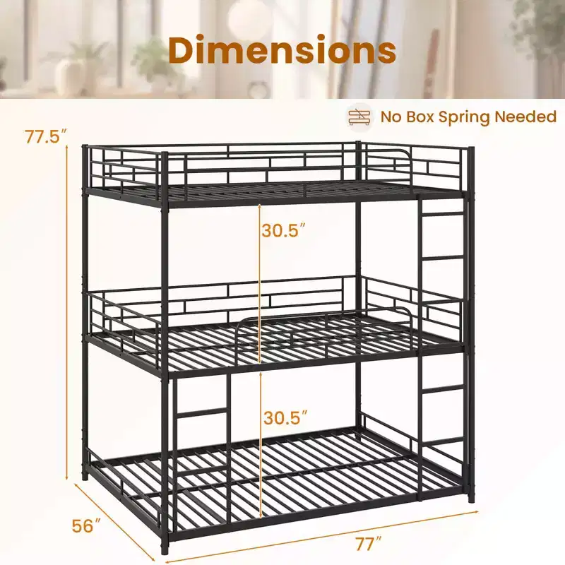Full Over Full Over Full Metal Bed Frame, Heavy-Duty Triple Bunk Bed with Dual Ladders