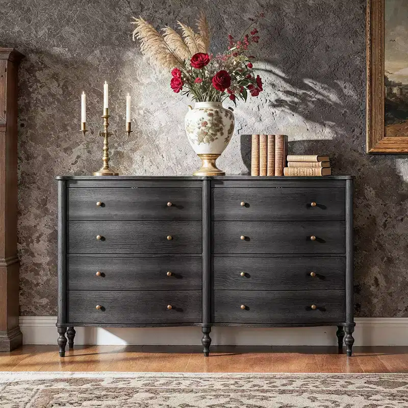 Curved-Front Vintage Dresser with 8 Drawers - Black/Light Oak, Bronze Knobs, MDF