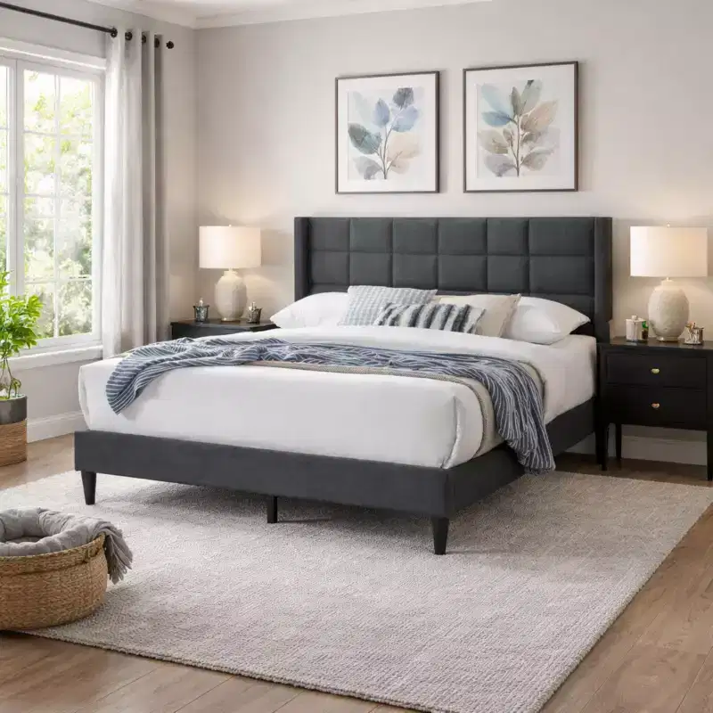 Lucas Modern Velvet Upholstered Platform Bed with Headboard