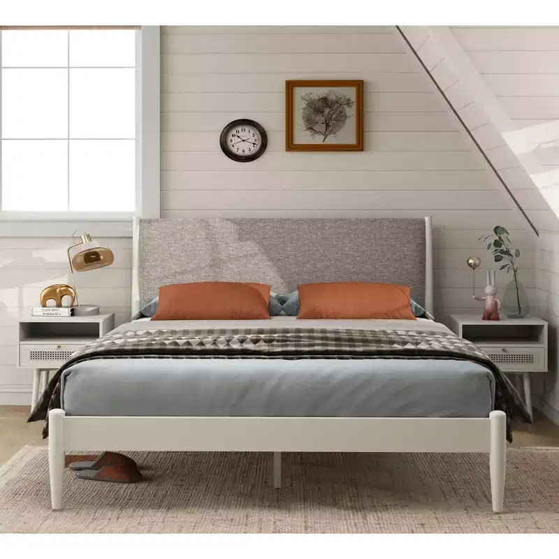 Roundhill Furniture Feeney 3-Piece Bedroom Set, Platform Bed with Two Nightstands, Cream White, Queen