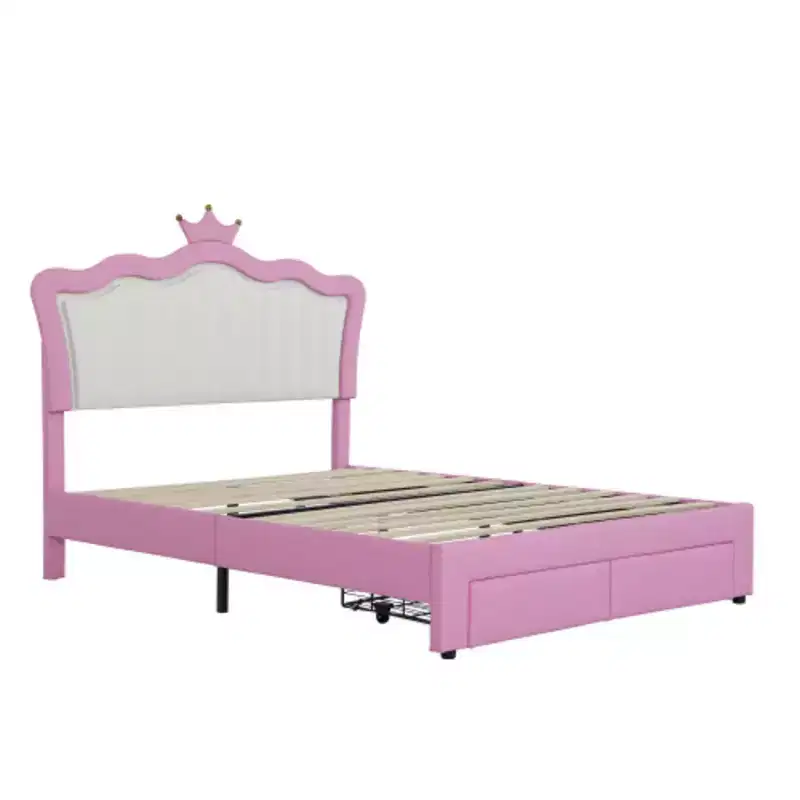 Full Dimension Upholstered Bed Frame equipped includes LED Lights, Modern Upholstered Princess Bed equipped comes with Crown Headboard