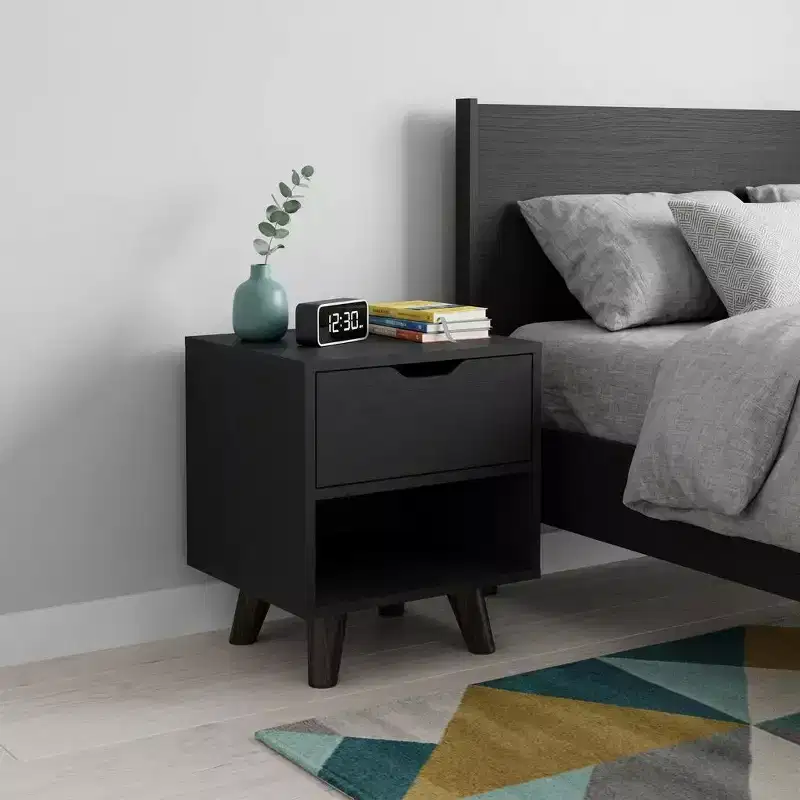 19 Black Wood One Drawer Nightstand