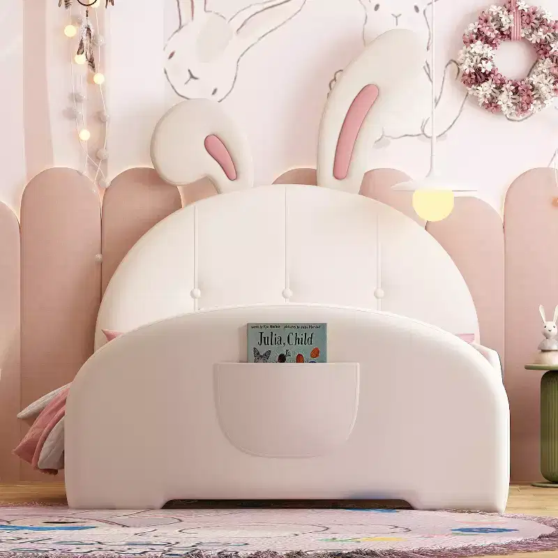 Twin Upholstered Rabbit Princess Bed, Platform Bed with Headboard and Footboard, White