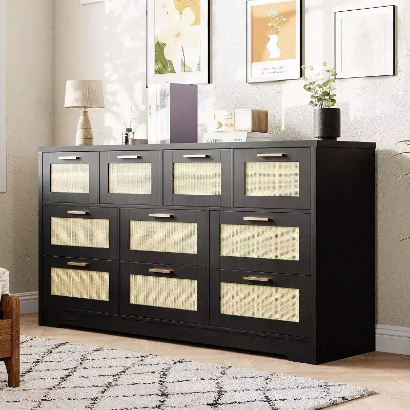 Acekool Rattan 10 Drawer Dresser, 59 Wide Modern Farmhouse Chest, Storage Cabinet Organizer for Bedroom, Living Room, Entryway
