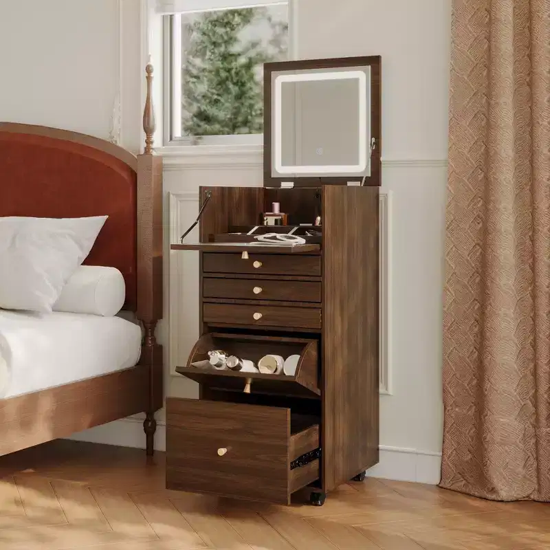 Walnut Rolling Vanity Dresser with LED Mirror and Multi-Layer Storage