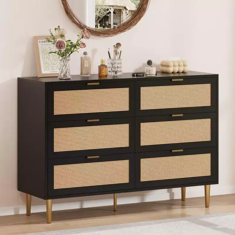 1-Piece PB+MDF Woven Rattan Six-Drawer Cabinet - Rattan Cabinet, Three-Layer Melamine Surface, Six Drawers, Golden Hardware Feet