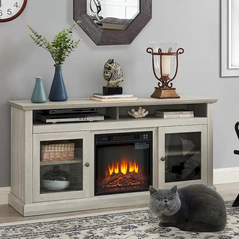 60W Retro Electric Fireplace TV Stand, Adjustable Shelves&Cabinets - 60W*15.75D*29H