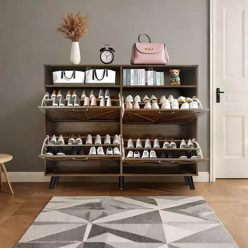 Farmhouse Shoe Storage Cabinet with 4 Flip Drawers and Open Storage, Freestanding Narrow Shoe Rack for Entryway, Hallway