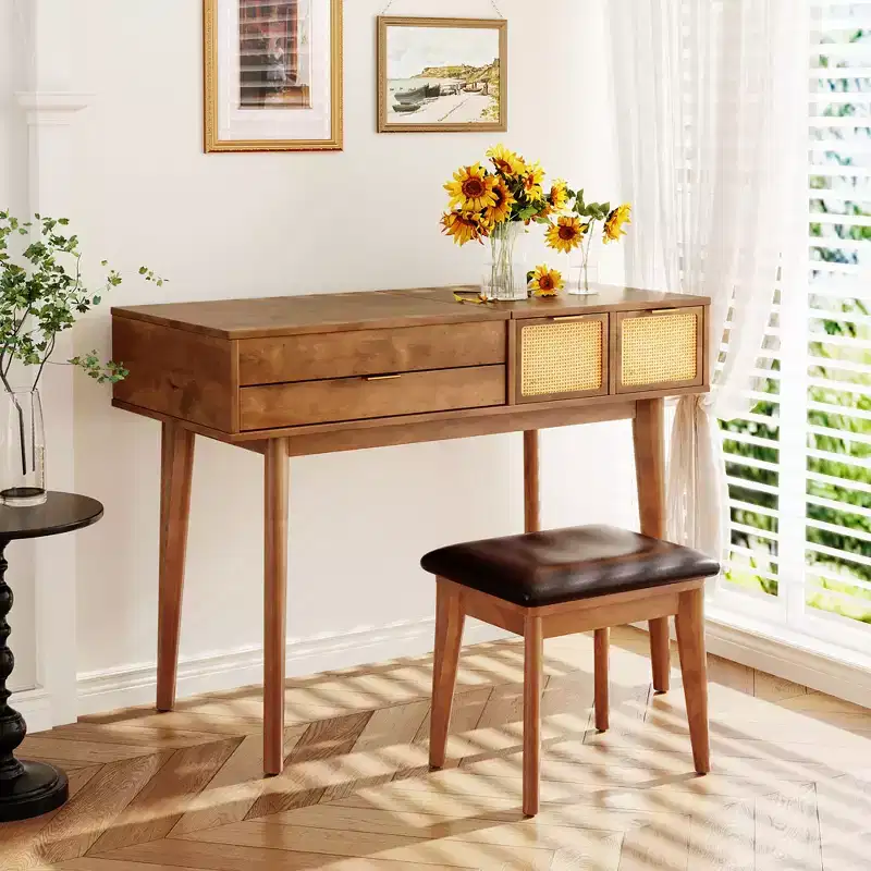 CLIHOME Classic Wood Makeup Vanity Set with Flip-top Mirror and Stool, Dressing Table with Three Drawers and Storage Space