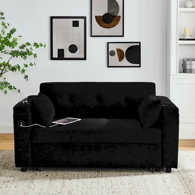 2-Seat Sleeper Sofa Bed with USB Power Outlet, Side Pockets and Lumbar Pillow