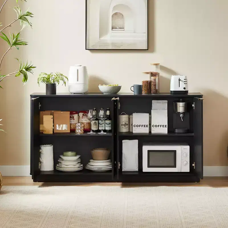 63 Vertical Stripe Buffet Cabinet Sideboard with Storage, Curved Wave Design TV Stand for Living Room Bedroom Hallway, Black