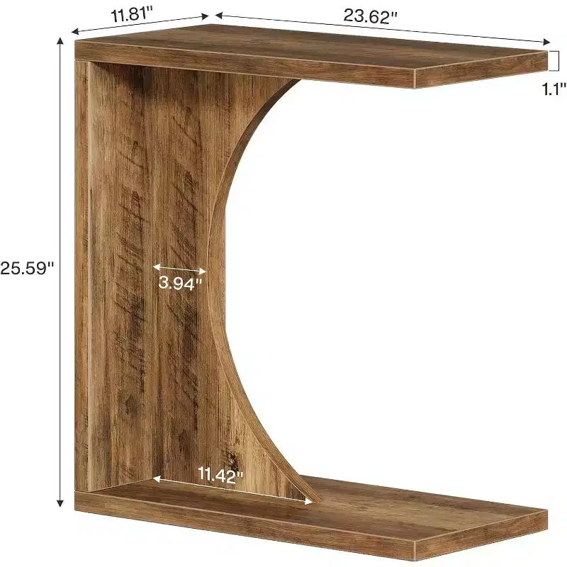 C-Shaped End Table for Couch, Small Bedside Table, Wooden Nightstand for Living Room & Bedroom, Rustic Brown