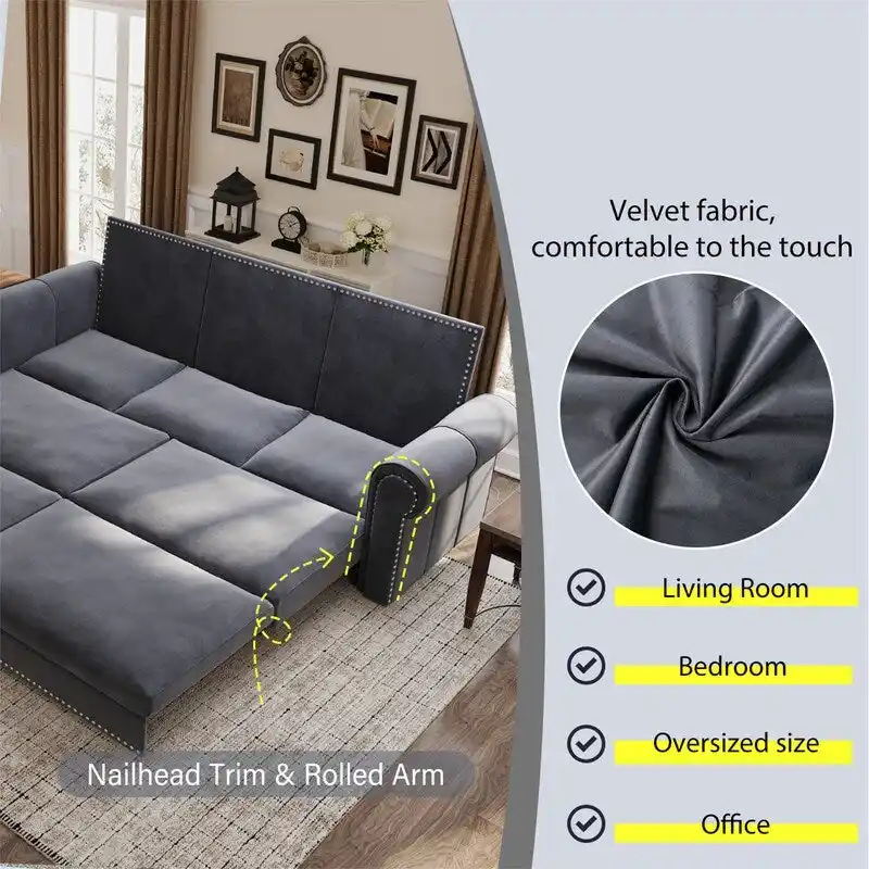 3-in-1 King Pull Out Sofa Bed Chesterfield Sofa, Velvet/Faux Leather Convertible Sleeper Sofa with Nailhead Trim & Rolled Arm