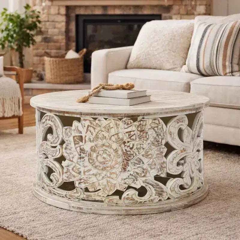 Royal Hampton Alina Coffee Table Handcrafted Mango Wood Floral Carved Cut Out Design Distressed White Finish 33 Inch