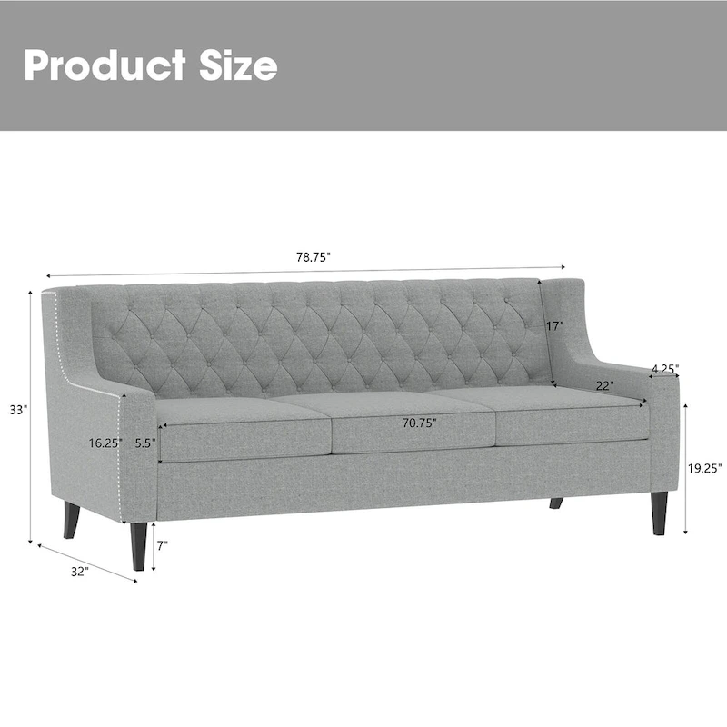 78.75 Polyester 3-Seater Sofa with Tufted Back and Cushions