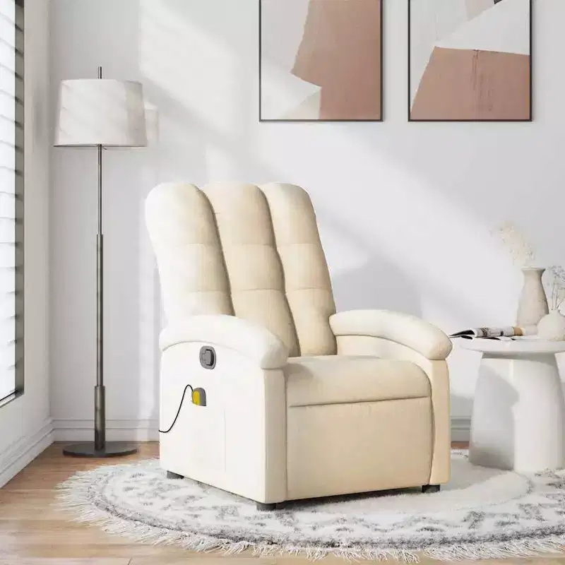 vidaXL Massage Recliner Chair, Adjustable Backrest/Footrest, Cream Fabric Reclining Sofa - White