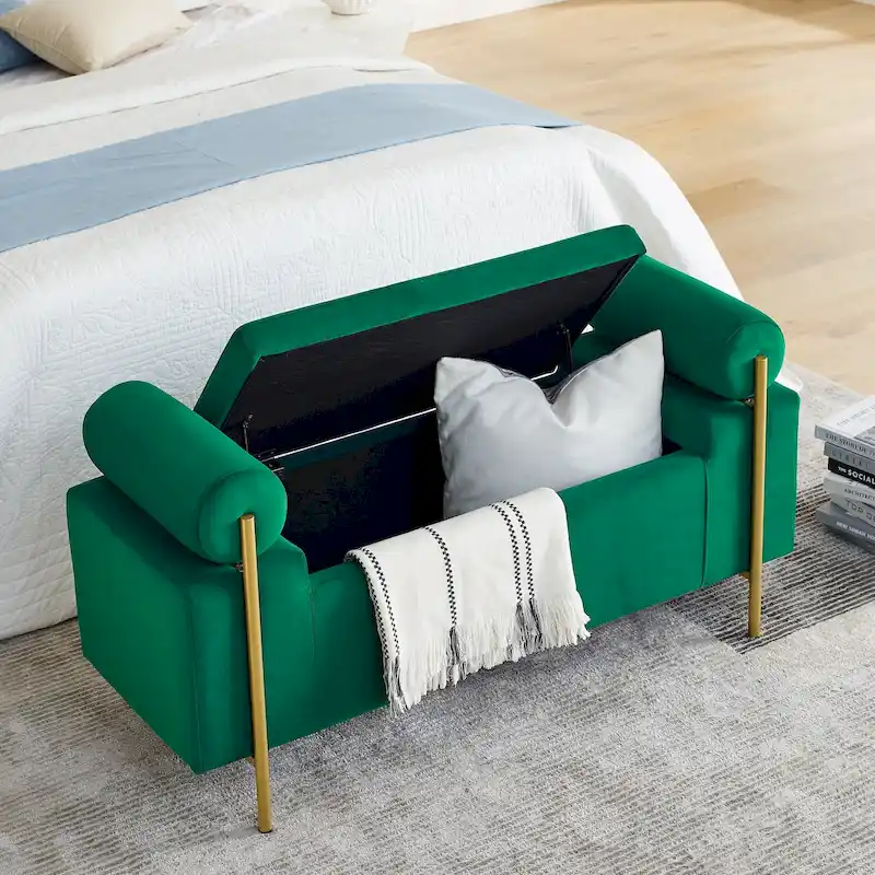 GDFStudio - Harper Linen Upholstered Storage Bench with Cylindrical Arms and Gold Metal Legs