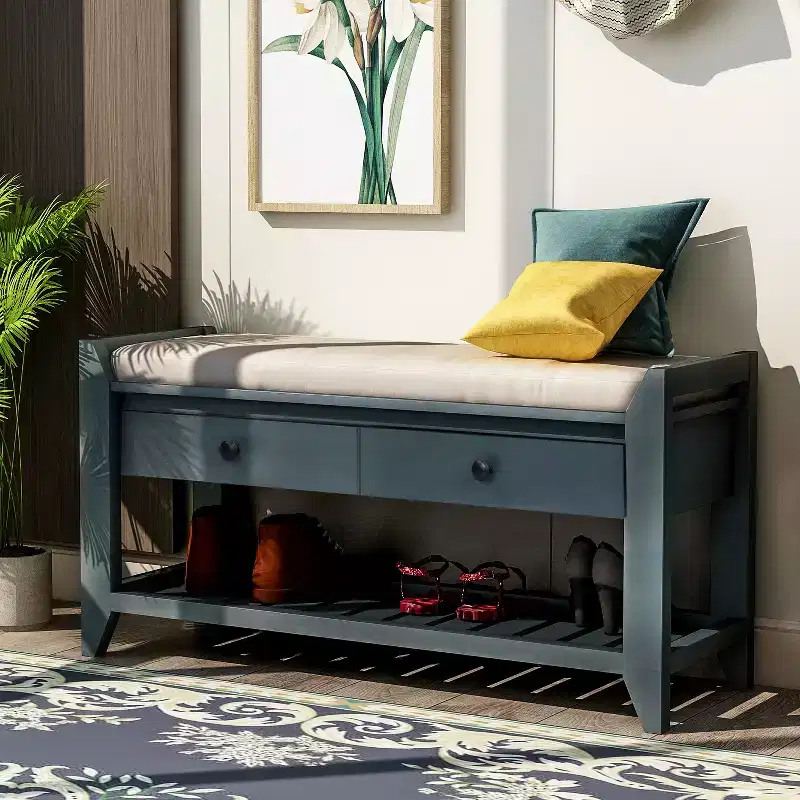 Entry Storage Bench Shoes Rack, 2 Drawers & Cushioned Seat, Living Room Entryway Hallway Foyer Shoe Bench, Bedroom End of Bed Bench