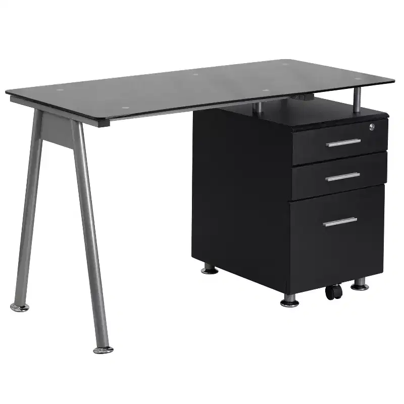 Black Tempered Glass Computer Desk with Three Drawer Pedestal