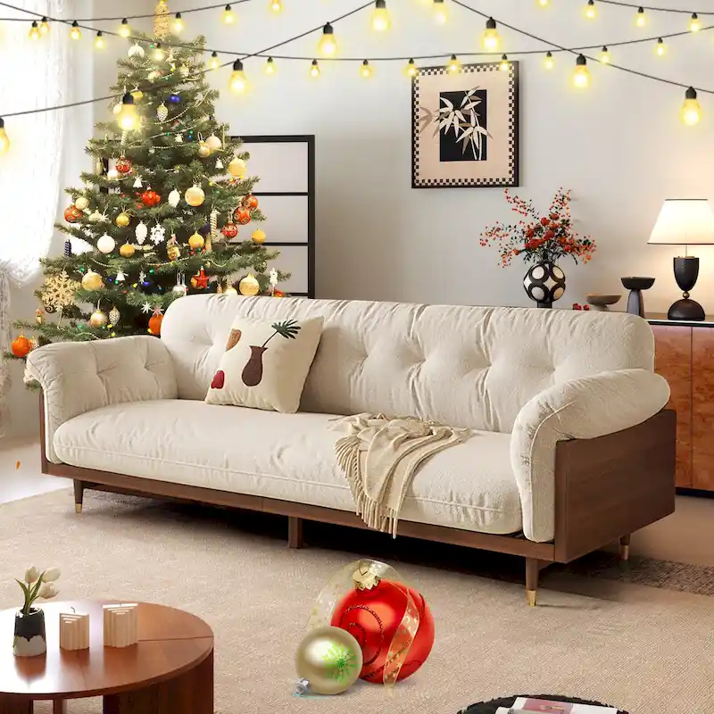 JASIWAY Modern 3-Seat Upholstered Cotton Linen Sofa,Beige