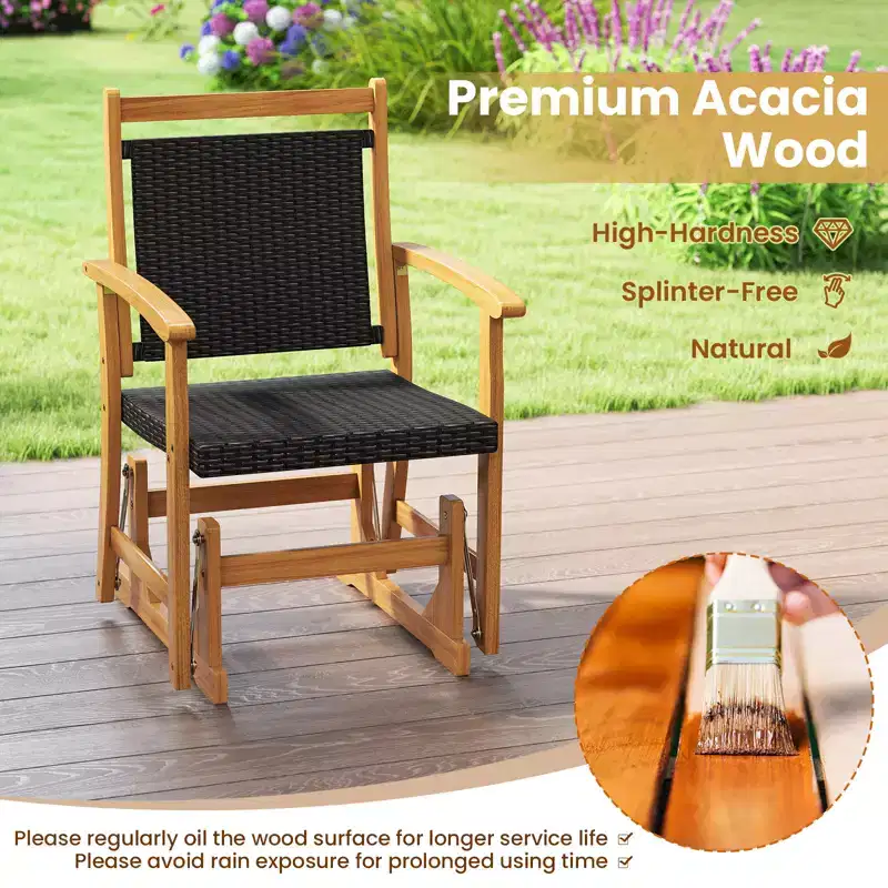 Costway Patio Rattan Glider Chair w/ Acacia Wood Frame & Wicker Seat Back Armrests