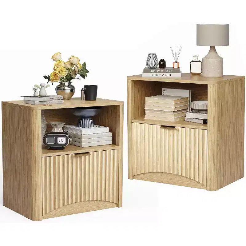 Mid Century Modern Nightstand, 22.8 Wide Fluted Nightstand with Drawer and Storage, Fluted Nightstand for Bedroom Sofa Office