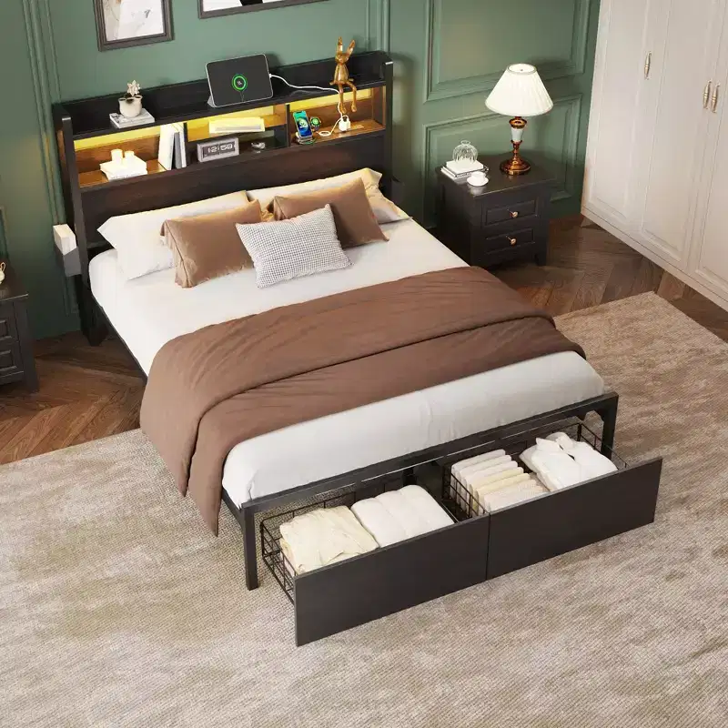 Full Size Platform Bed Frame with Storage Drawers Headboard Shelf LED Lights Charging Station Industrial Black Metal No Box Spring Needed Teen