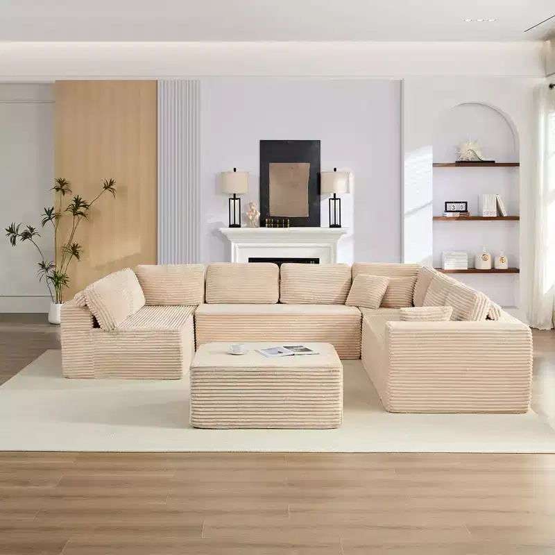 Mjkone Corduroy 141'' Deep Seat Modular Sectional Sofa, Modern 8-Seater U-Shape Sofa Couch with Moveable Ottoman