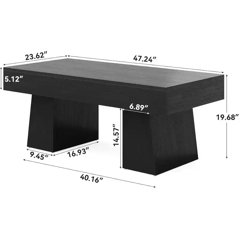 Lantine Farmhouse Coffee Table, 47 Inches Rectangular Wooden Accent Center Tables with Thick Basefor Living Room