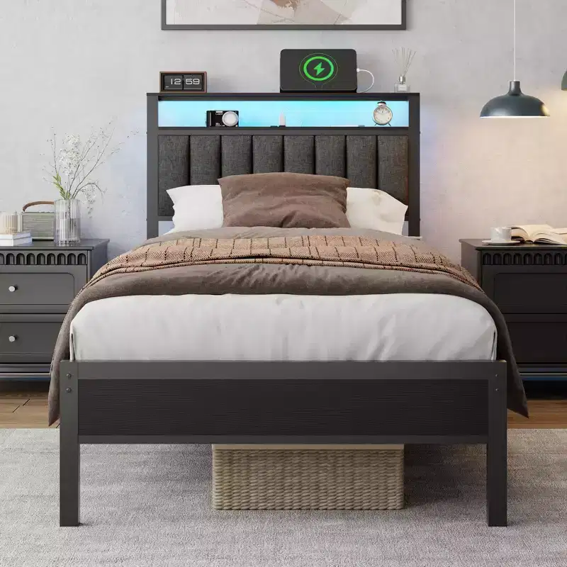 Twin Size Upholstered Platform Bed Frame LED Lights Charging Station 2 Tier Storage Shelves Headboard Gray Metal No Box Spring Needed Gaming Dorm