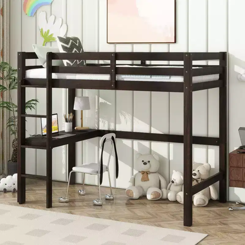 Twin Loft Wood Bed with Built in Desk Safety Guardrails Ladder Brown