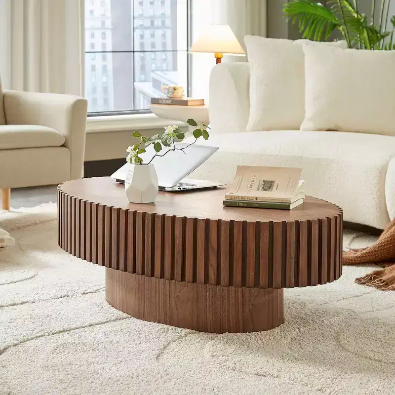 MAYEERTY 43 Inch Modern Drum Oval Coffee Table, MDF Center Table for Living Room Bedroom, Small Space Friendly Coffee Table
