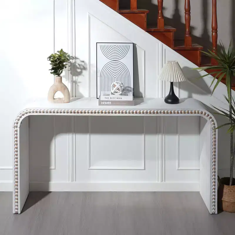 59-Inch Waterfall-Style Console Table with Wood Bead Accents, White
