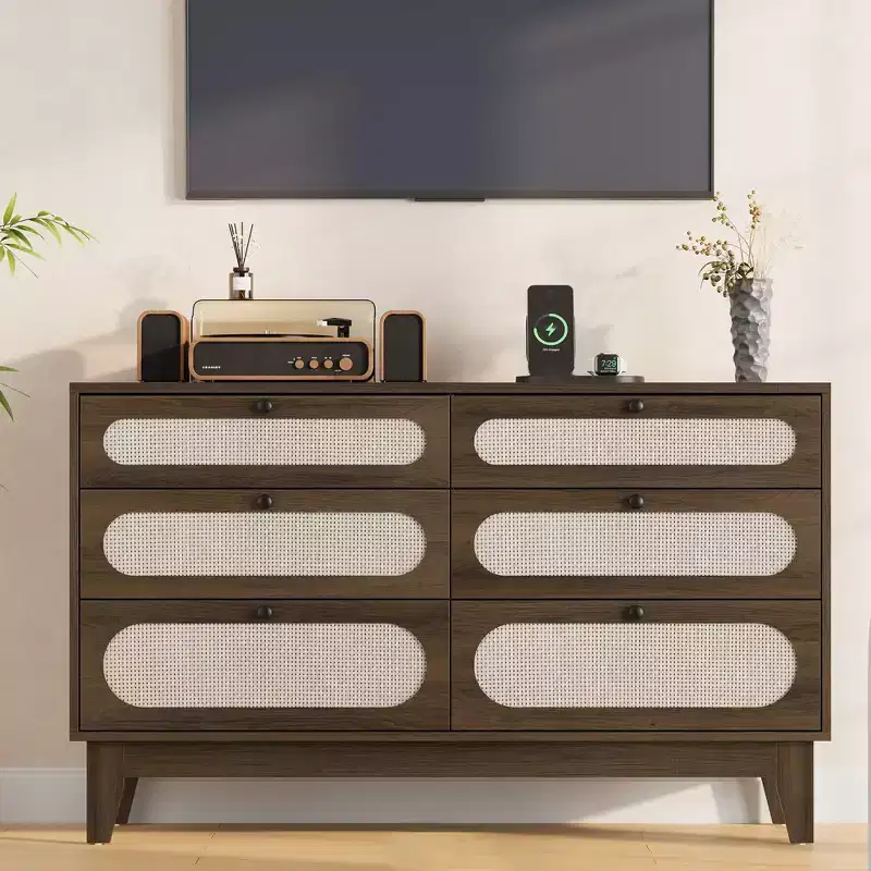 Acekool 6-Drawer Rattan Dresser, Large Storage Chest with USB Ports and Outlets, Boho Organizer for Bedroom, Living Room, Brown