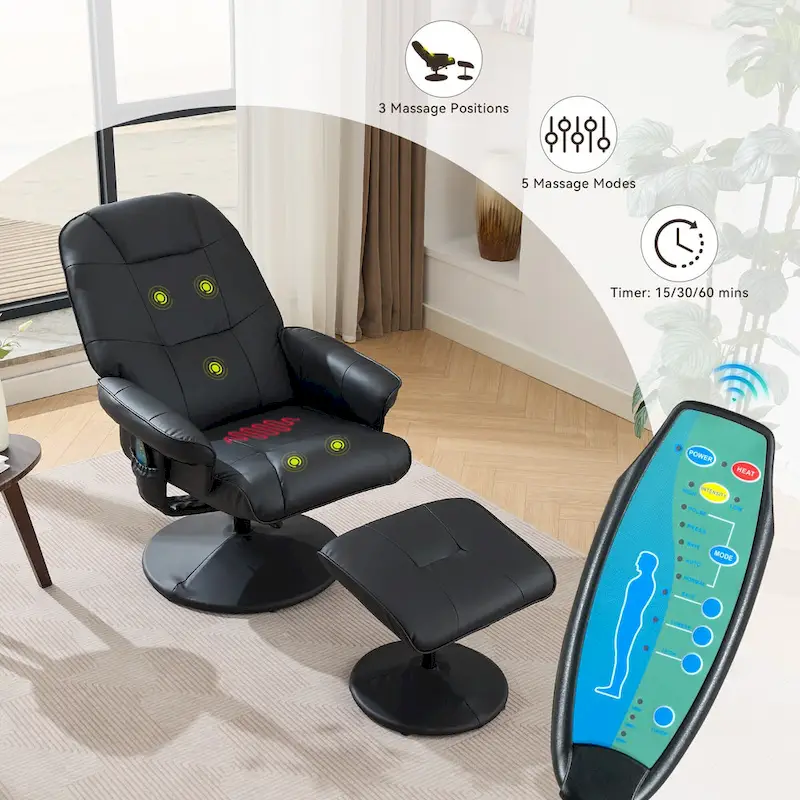 PU Leather 360 Swivel Massage Recliner Chair with Ottoman, Massage and Heated Seat, 140 Adjustable Backrest