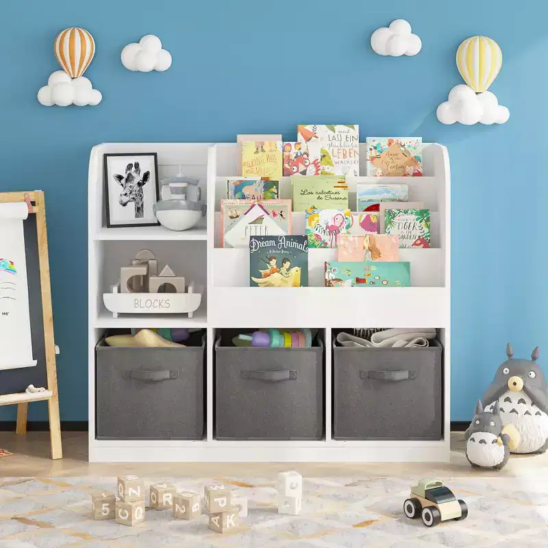 JVNOXK-Children's Bookcase and Shelving Unit, Multi-Functional Bookcase with 3 Foldable Fabric Drawers, Display Shelf, Storage Rack (White/Gray)